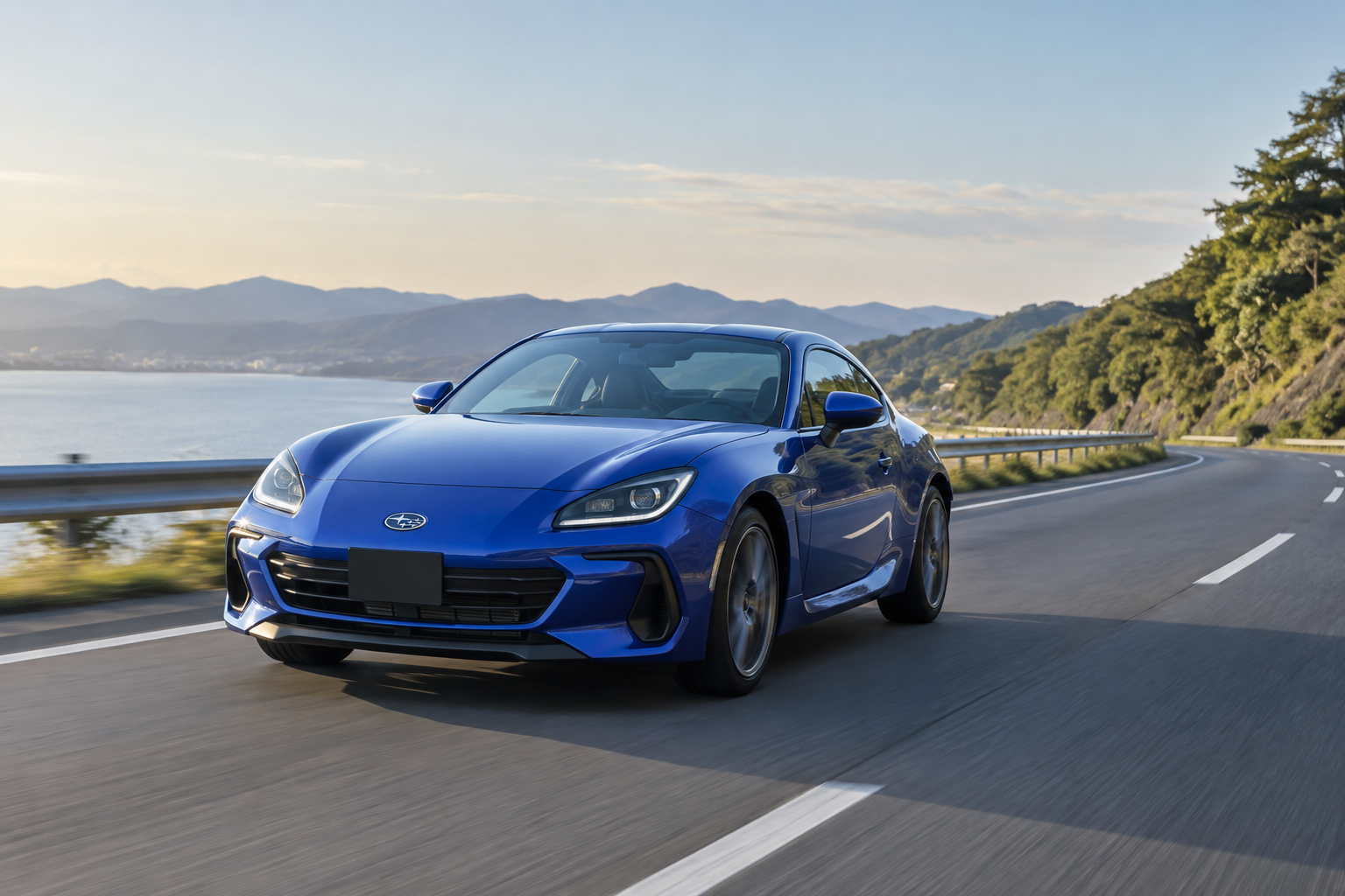 WRブルーのBRZが景色のよい道路を走るイメージ画像