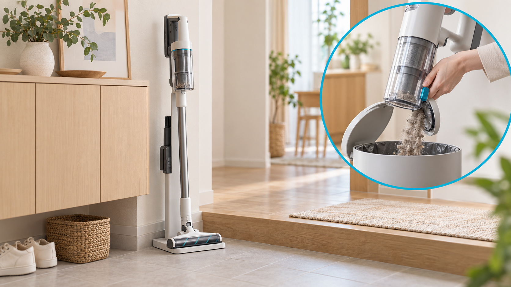 掃除機の収納とゴミ捨てを考えるためのAIイメージ