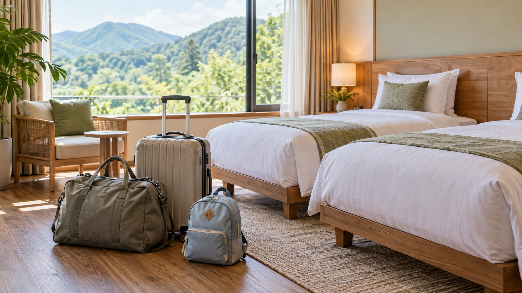 子どもと泊まる旅行の荷物と客室を考えるAI生成イメージ