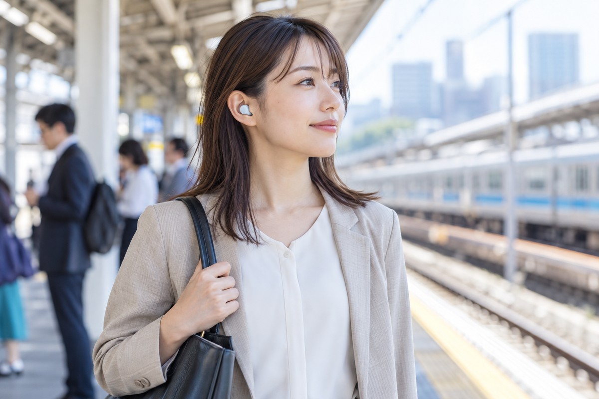 駅でワイヤレスイヤホンを使うAI生成イメージ