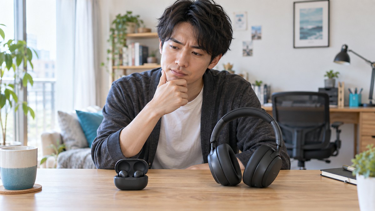 イヤホンとヘッドホンのどちらを選ぶか比較するAI生成イメージ
