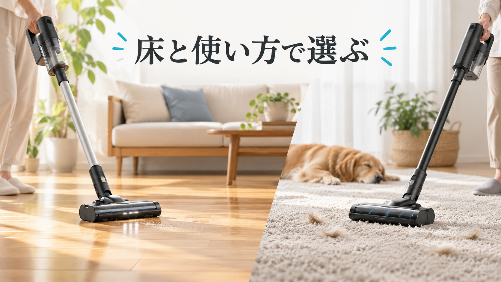 フローリングとカーペット・じゅうたん、ペットのいる部屋で掃除機選びが変わることを示すAIイメージ
