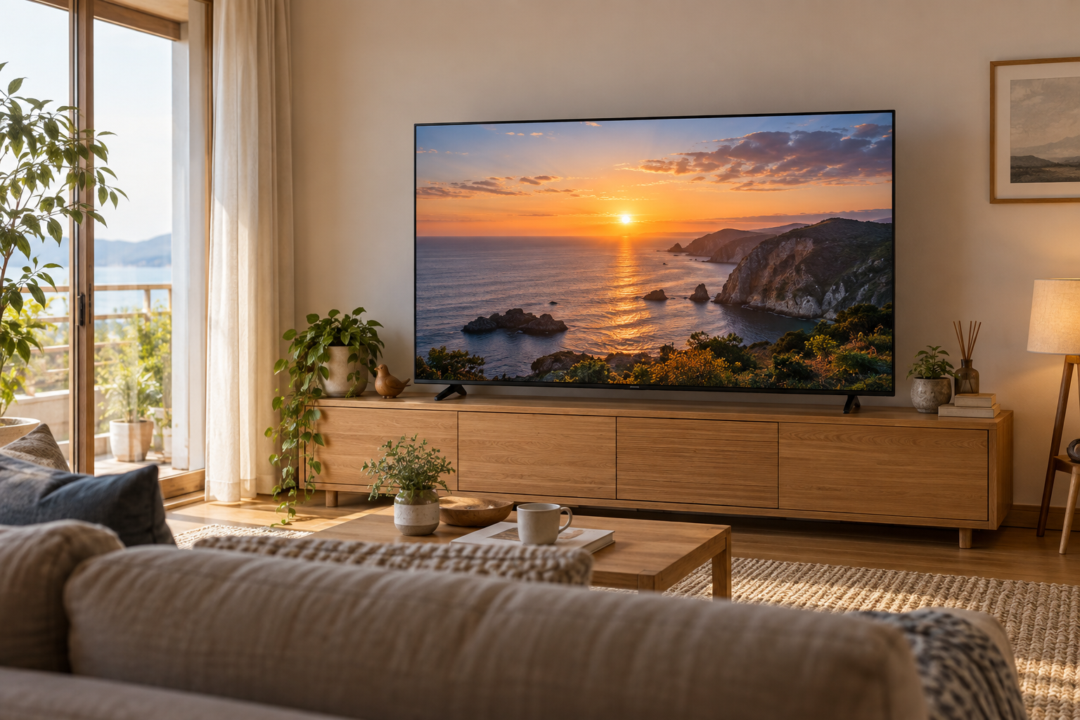 リビングの大きなテレビで風景映像を楽しむ利用イメージ