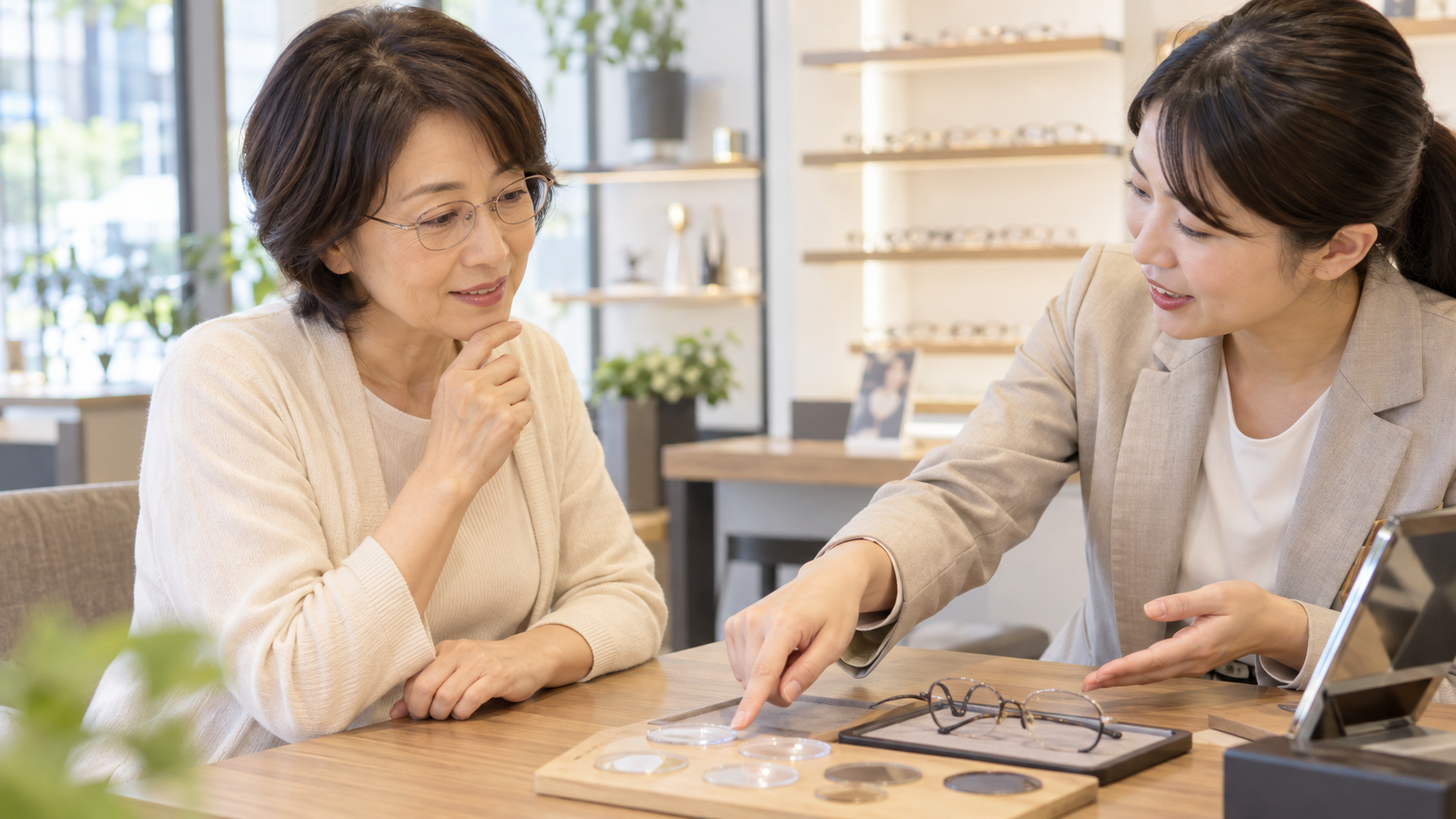 50代の女性がフレームとレンズの使い方を店員に相談するAI生成イメージ