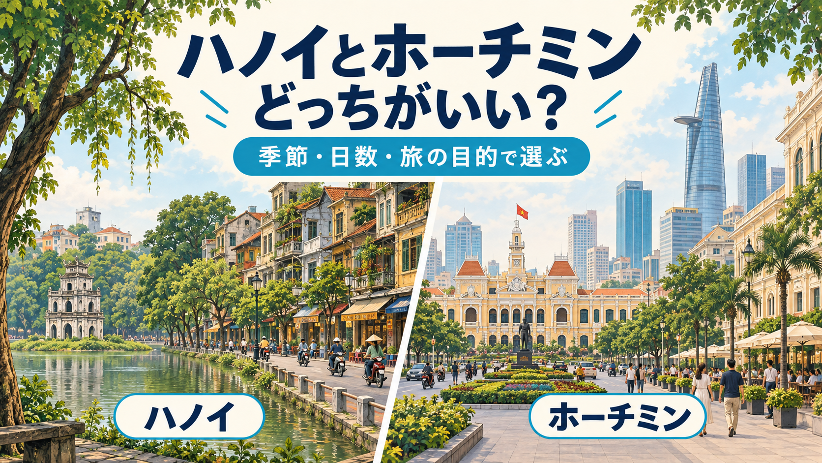 ハノイとホーチミンの街並みを比較したAI生成イラスト