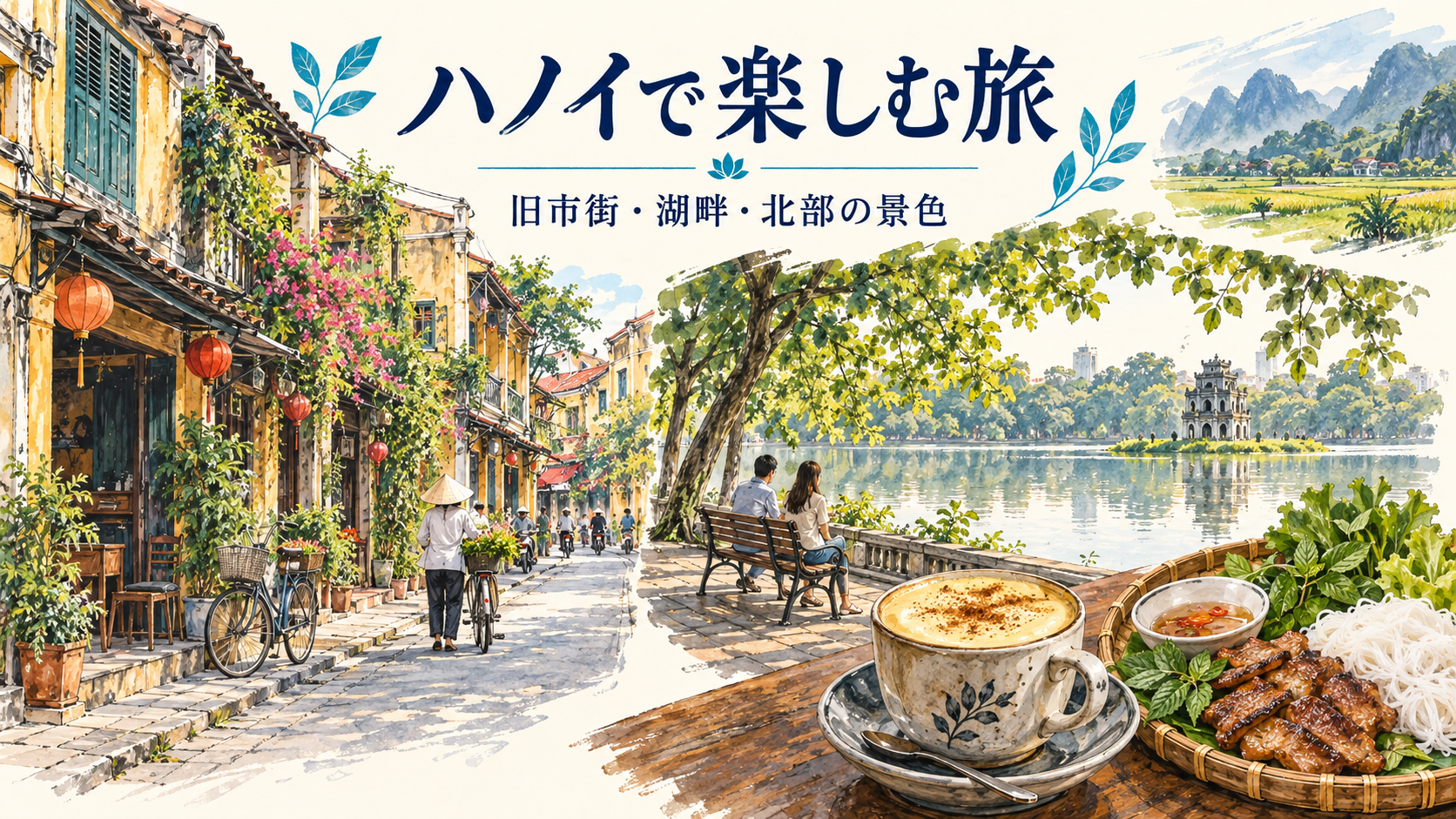 ハノイの旧市街と湖畔、北部の景色と食事を描いたAIイメージ