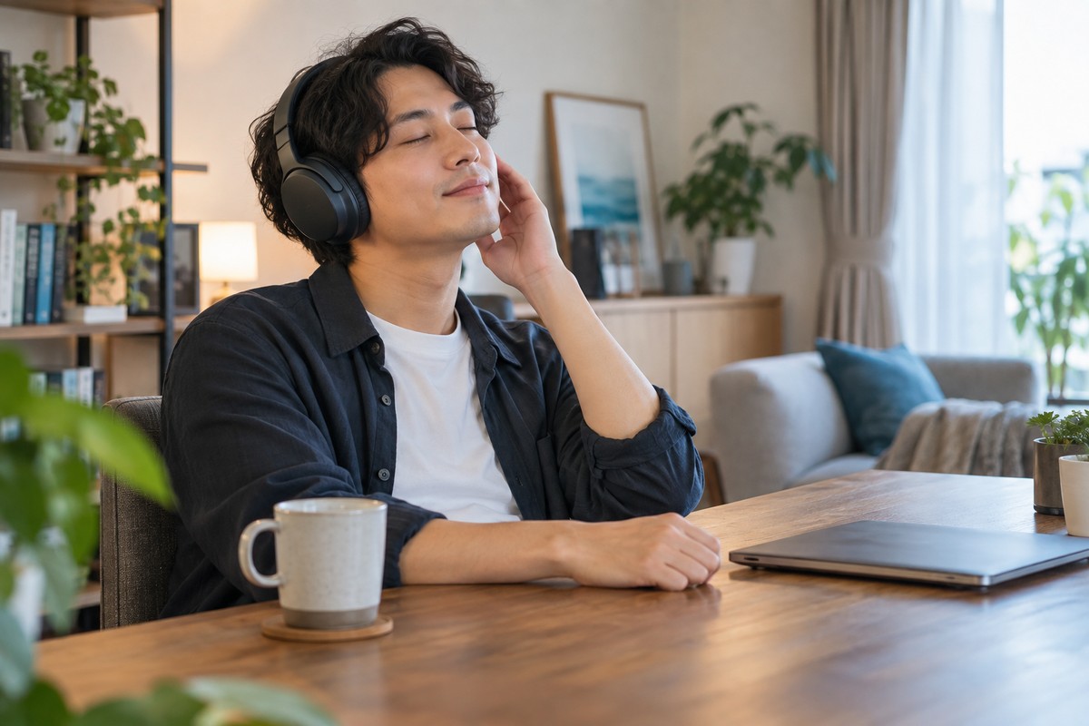 自宅でワイヤレスヘッドホンを使うAI生成イメージ