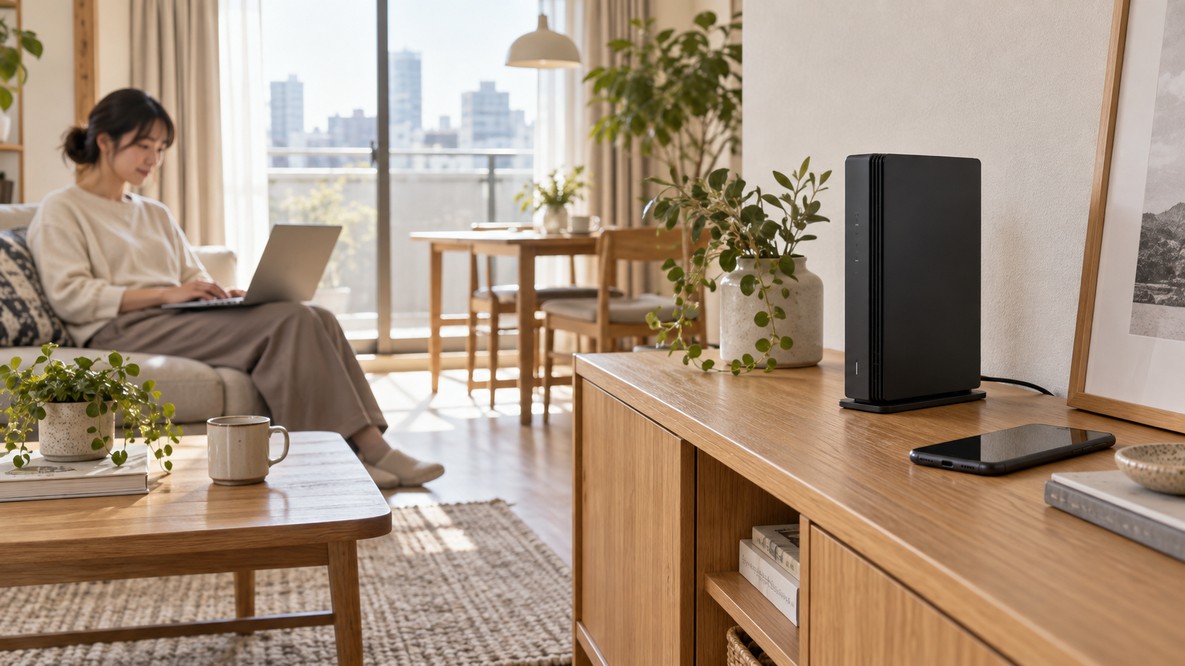 家庭のWi-FiルーターとノートPCを使う暮らしのAI生成イメージ