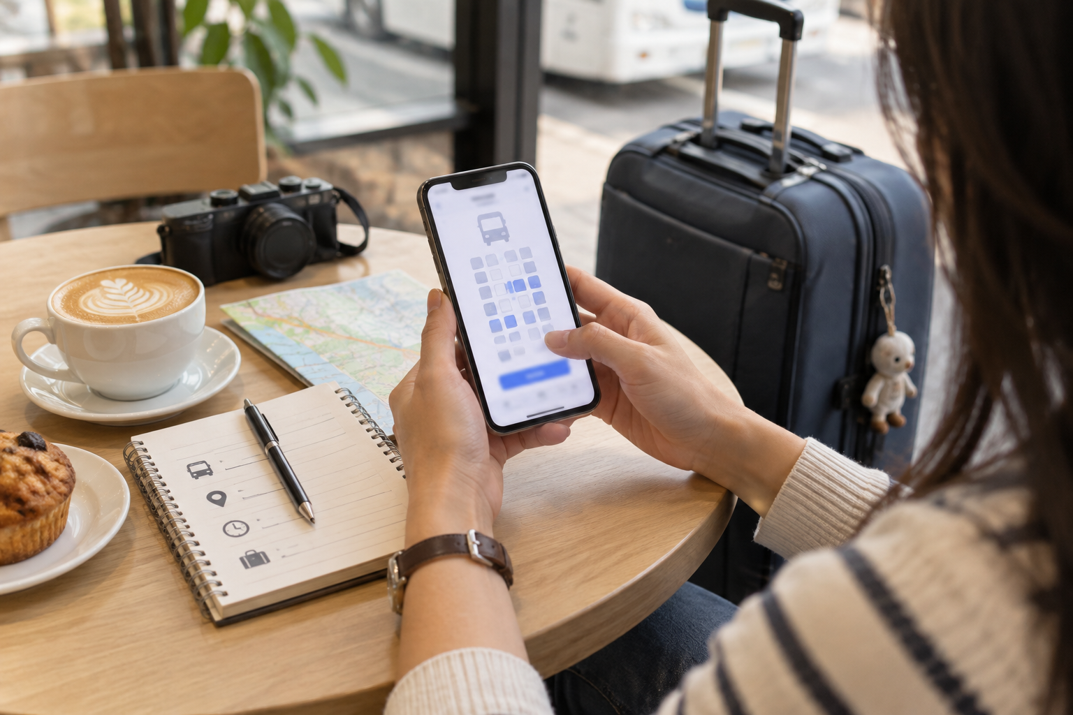 高速バスの予約条件をスマートフォンで確認する旅行者のAI生成イメージ