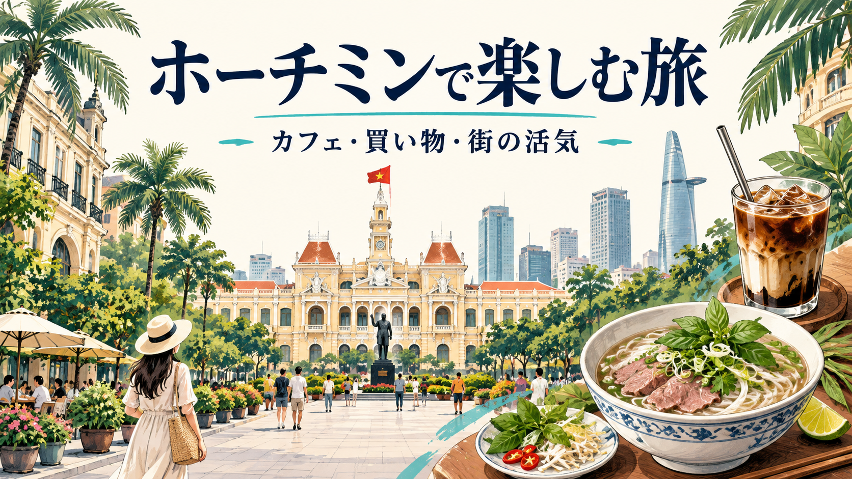 ホーチミンの街並みとカフェ、フォーを描いたAIイメージ