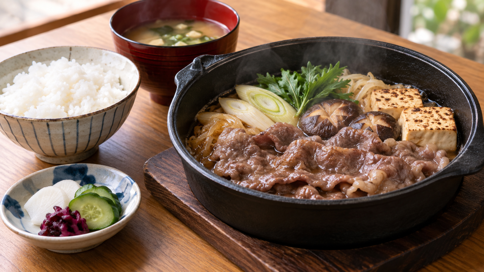 すき焼とご飯を組み合わせた昼食のAIイメージ