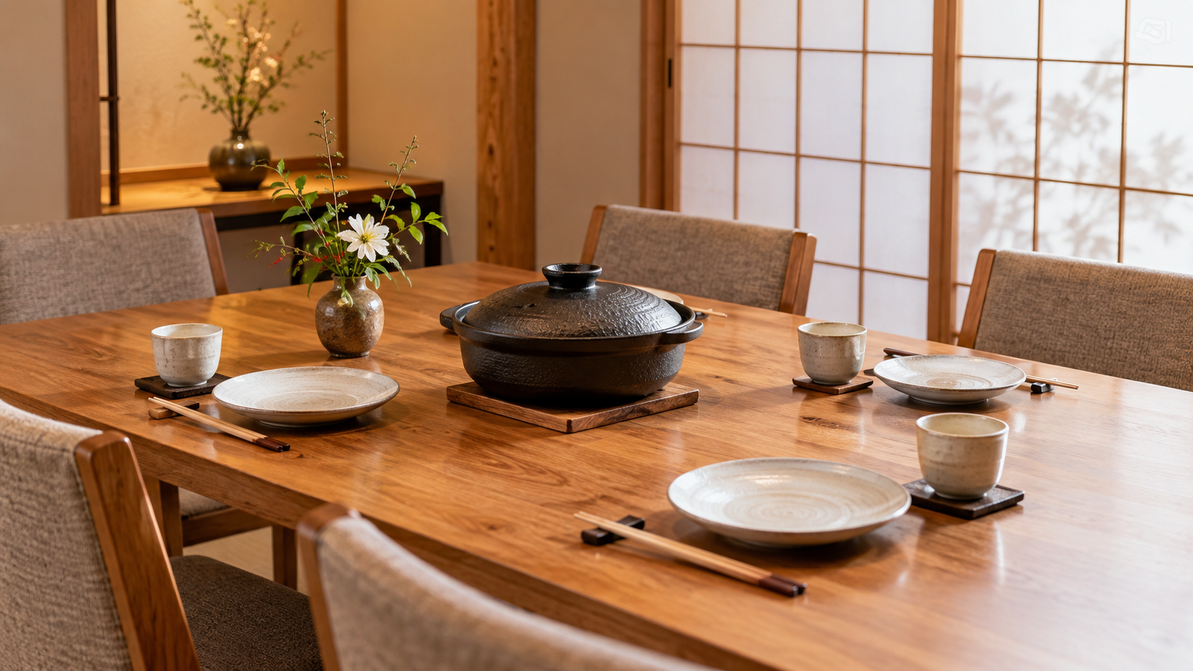 家族の会食で席の形を考えるための和風ダイニングのAIイメージ