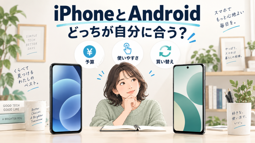 iPhoneとAndroidの予算、使いやすさ、買い替えを比較するイメージ