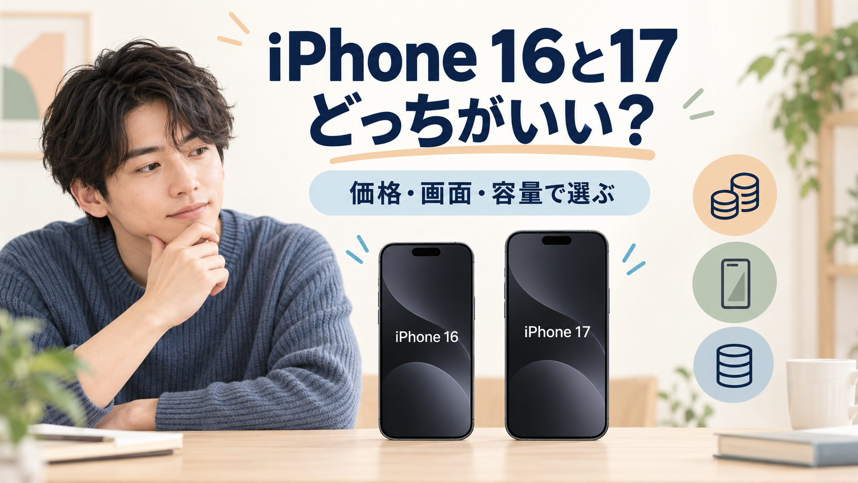 iPhone16と17を価格・画面・容量で比較するAIイメージ