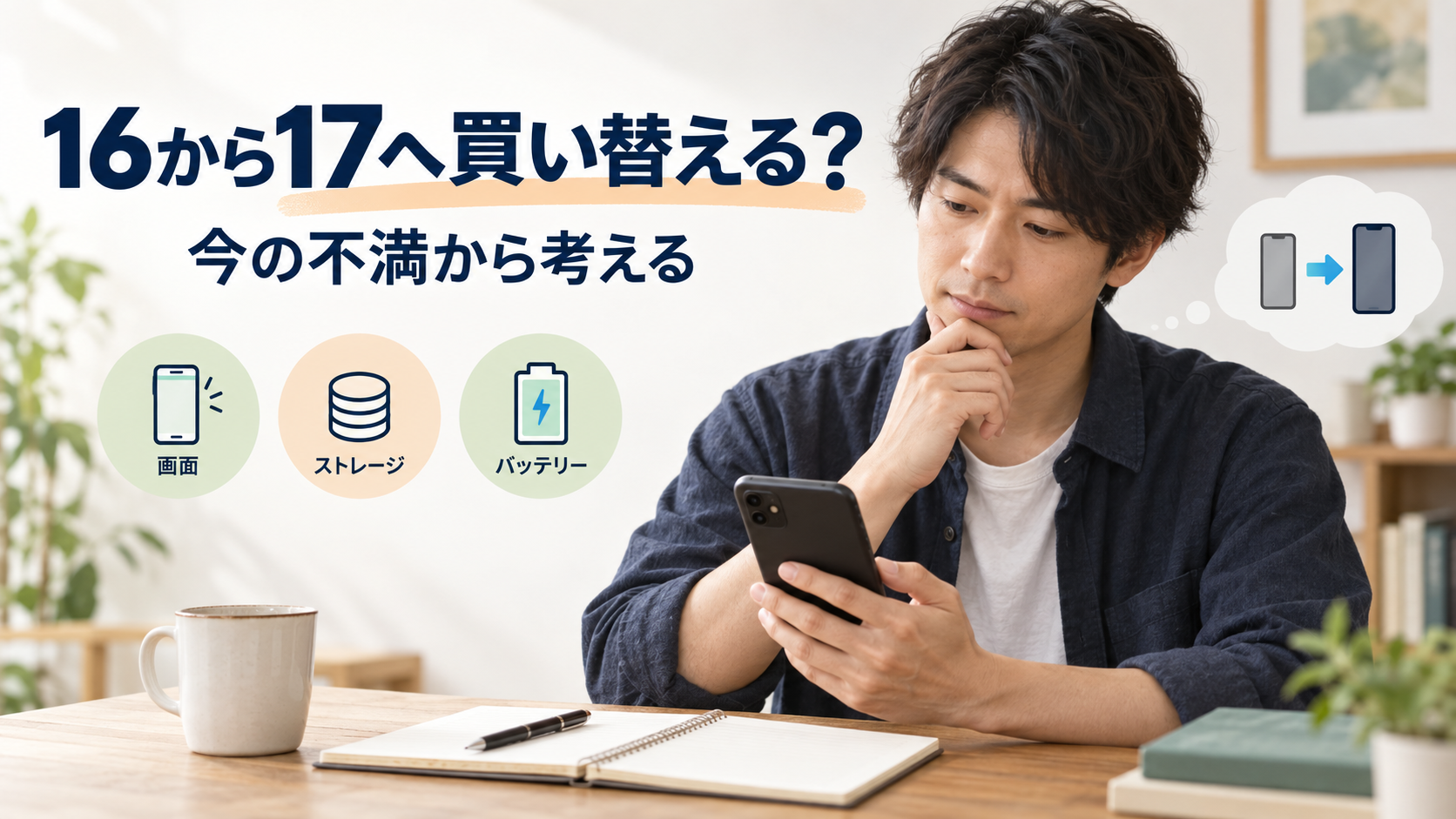 今のスマートフォンの画面・容量・バッテリーを確認するイメージ
