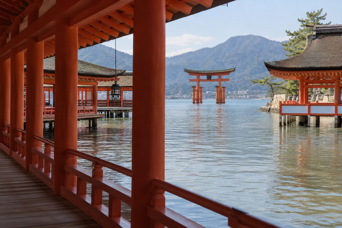満潮時に海に浮かんで見える厳島神社の回廊と大鳥居のイメージ