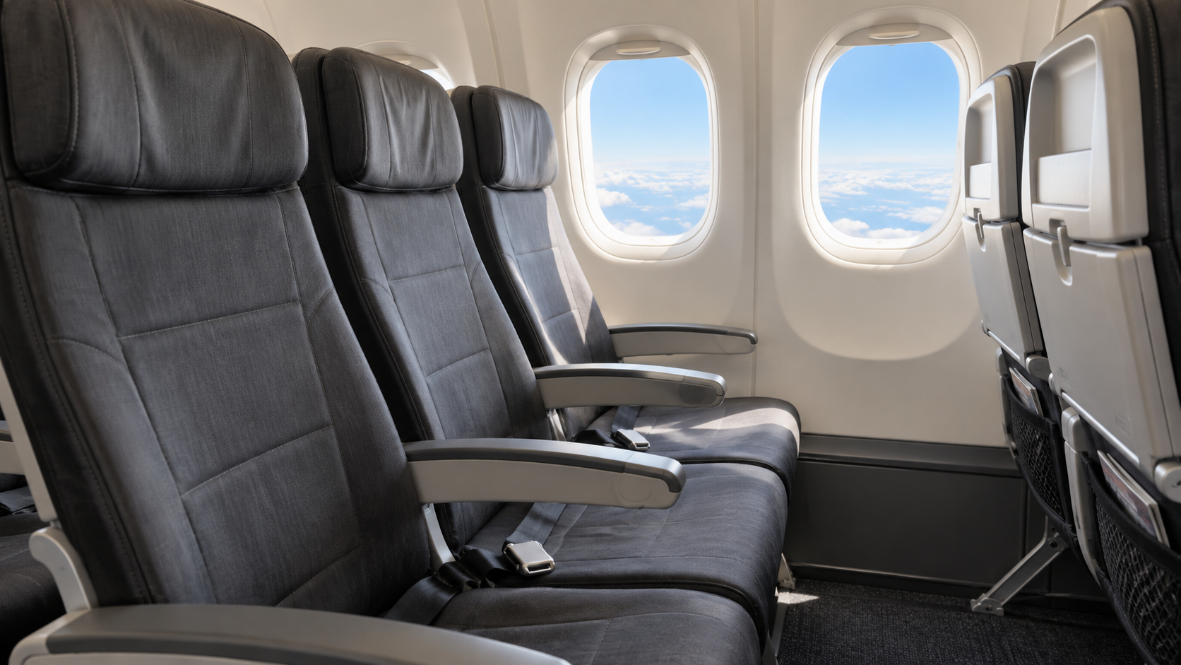 窓側と通路側の位置を考えるための旅客機客室のAIイメージ