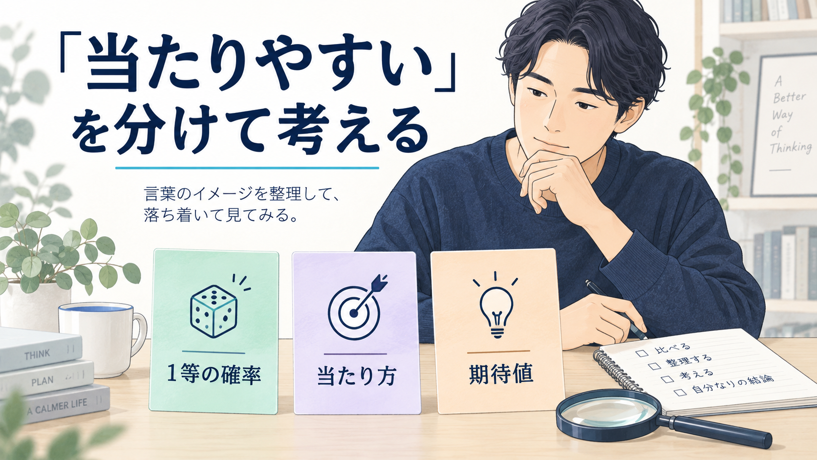 1等の確率、当たり方、期待値を分けて考えるイメージ