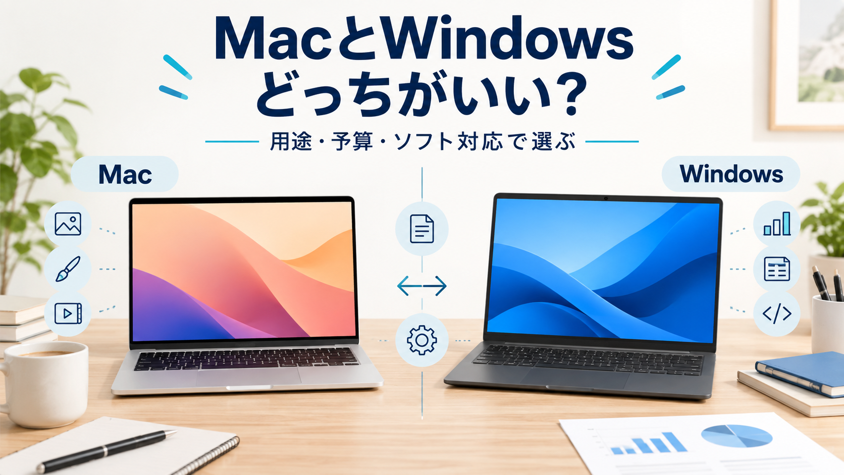 MacとWindowsのノートパソコン選びを表現したAIイメージ