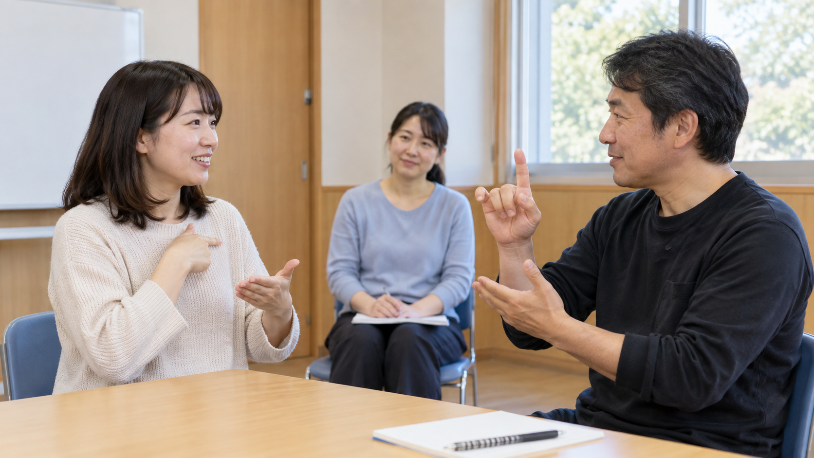 対面で手話による会話力を確かめる様子のイメージ