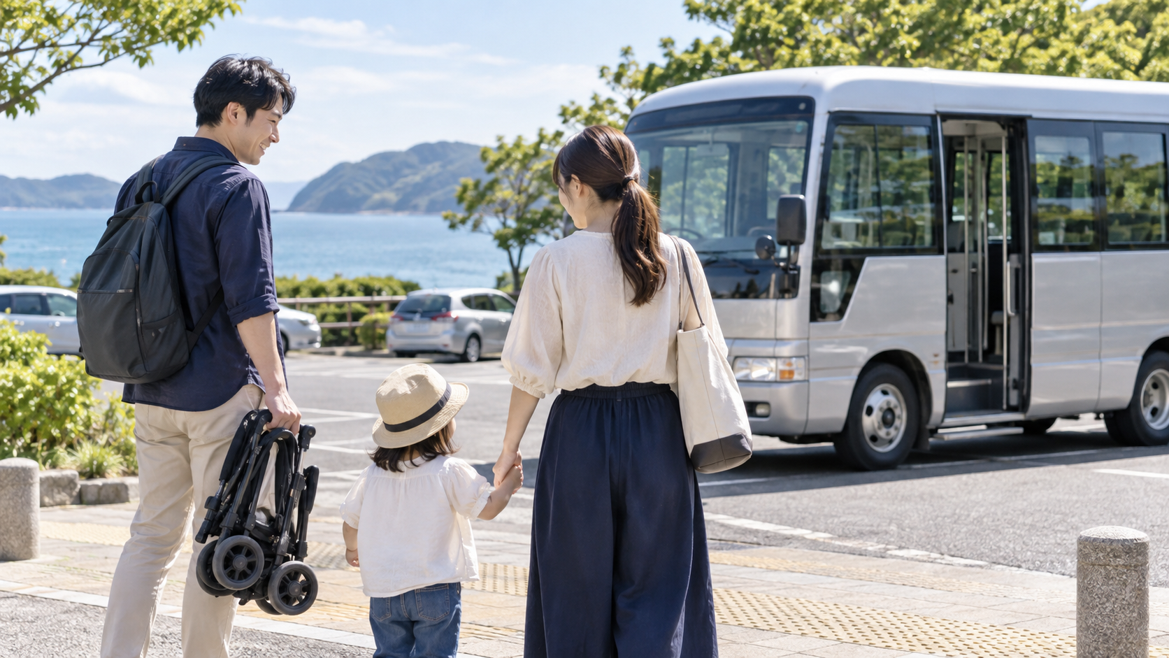 折りたたんだベビーカーを持ち、シャトル乗車の準備をする家族のAI生成イメージ