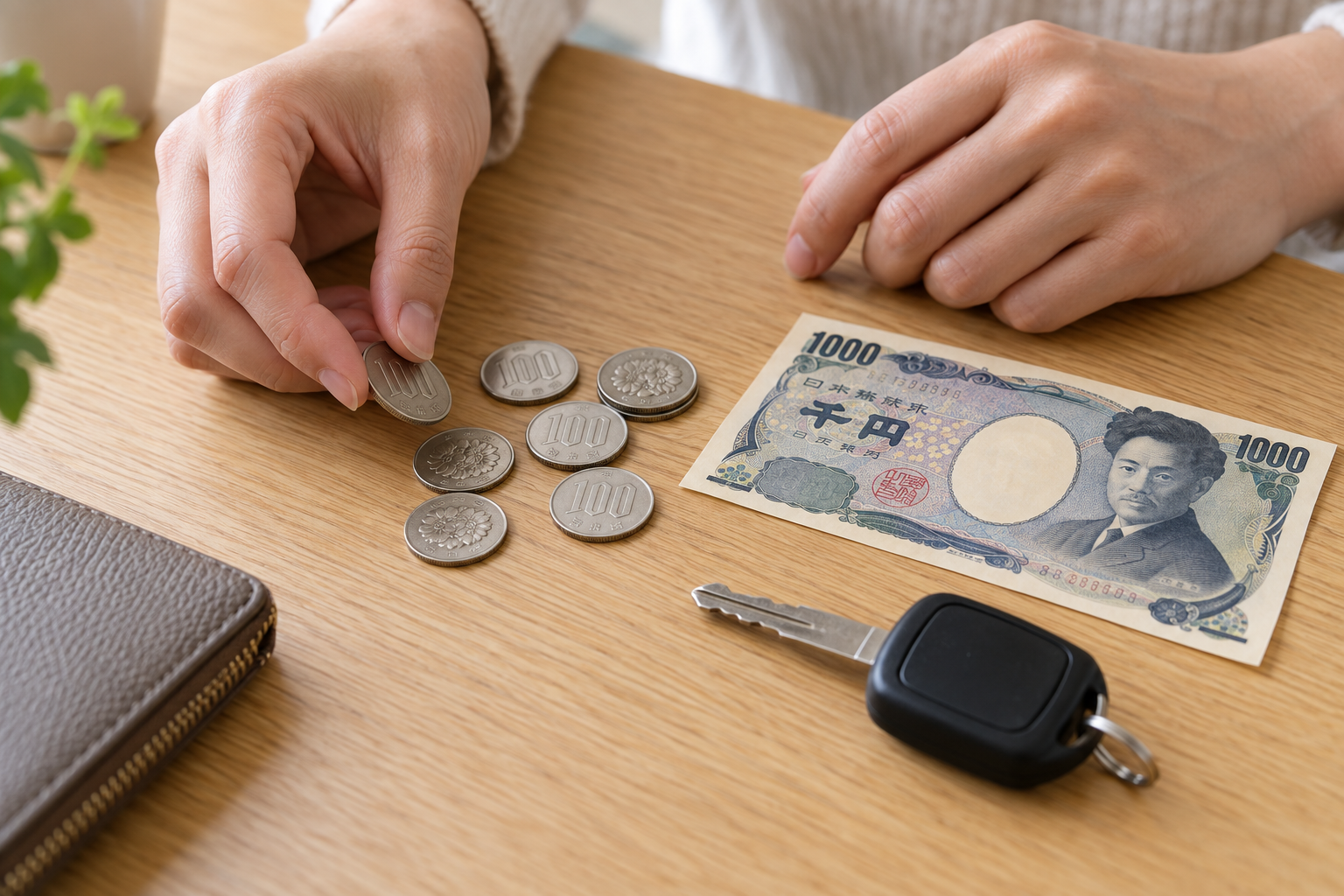 車で出かける前に駐車料金の現金を準備するイメージ