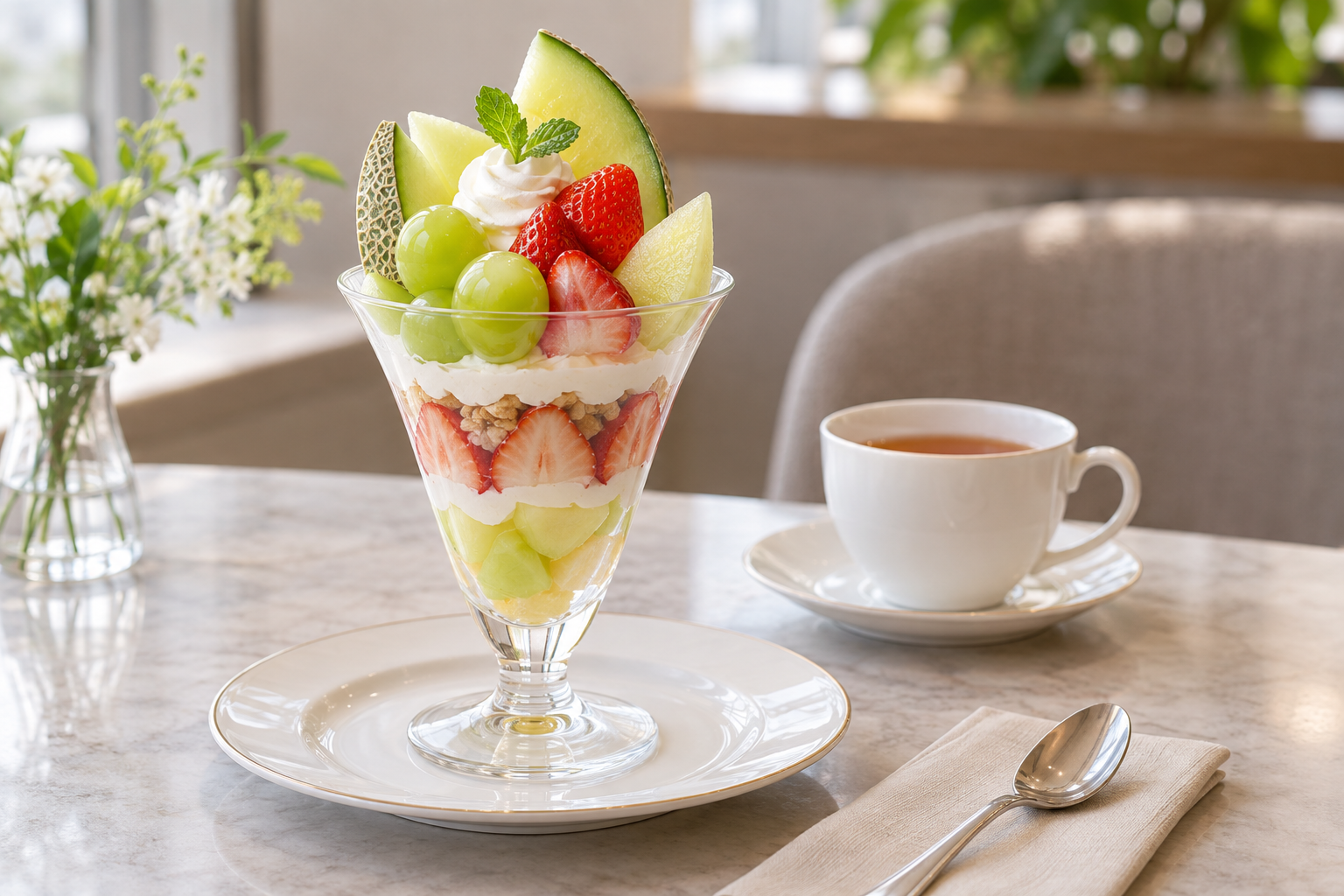 フルーツパフェと紅茶を楽しむカフェのイメージ
