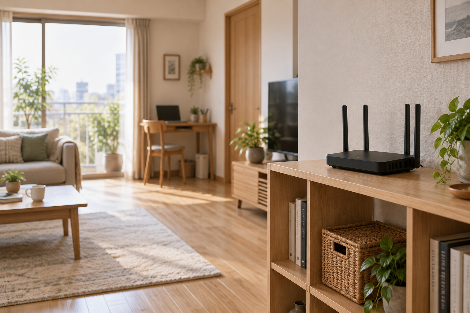 開けた棚の上にルーターを設置するイメージ