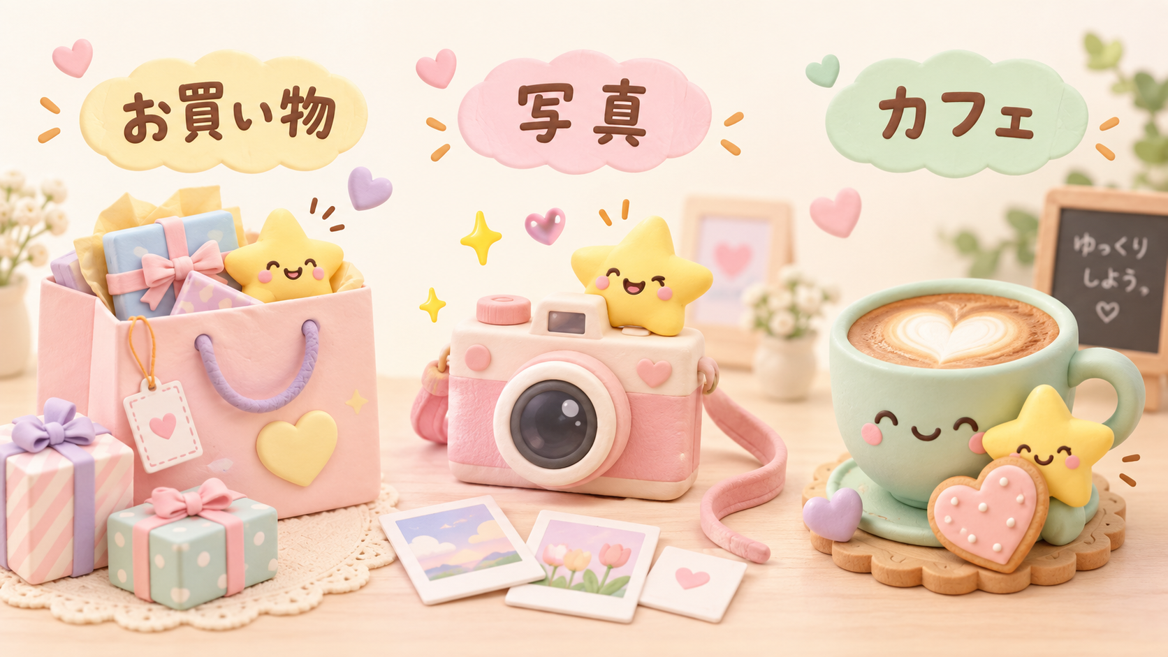 買い物・写真・カフェの3つの楽しみを表したかわいいイラスト