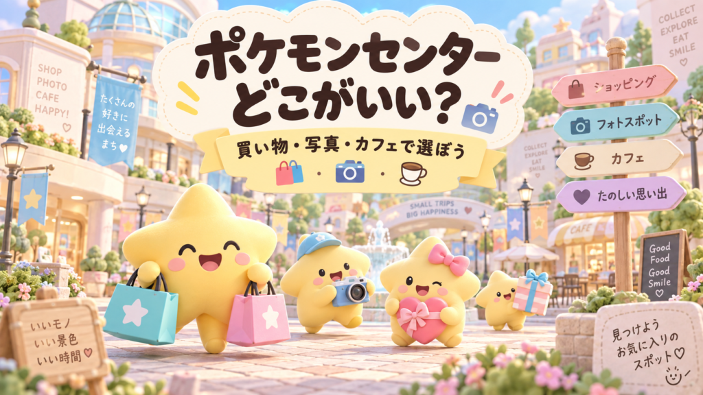 ポケモンセンター選びをイメージした、星のマスコットとパステルカラーの街のイラスト