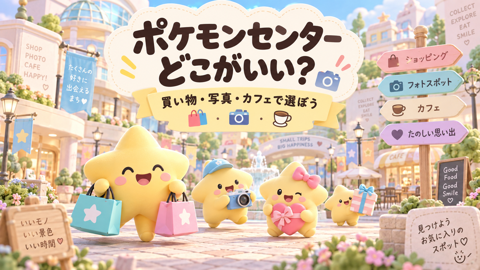 ポケモンセンター選びをイメージした、星のマスコットとパステルカラーの街のイラスト
