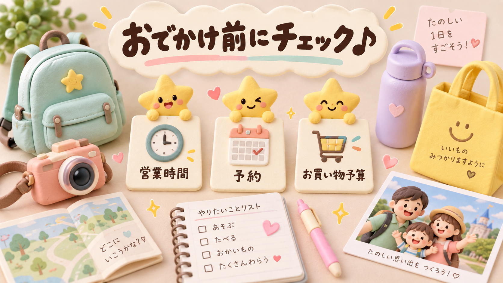 営業時間・予約・買い物予算を確認するお出かけ準備のかわいいイラスト