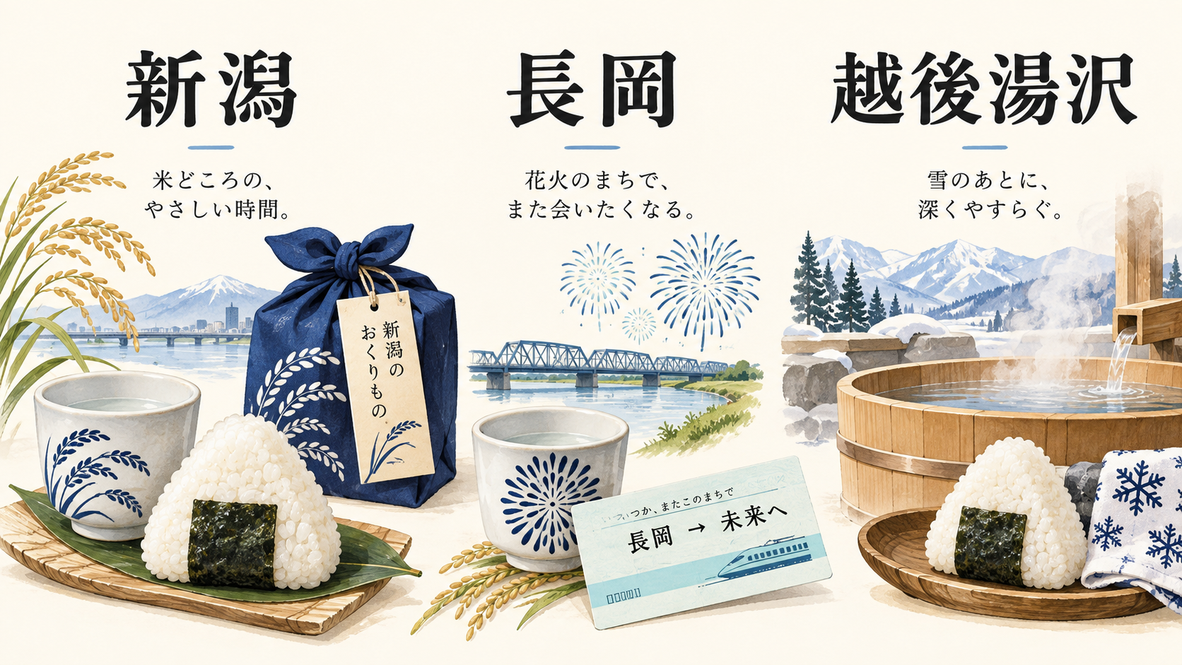 新潟・長岡・越後湯沢の楽しみ方を比べるイメージイラスト