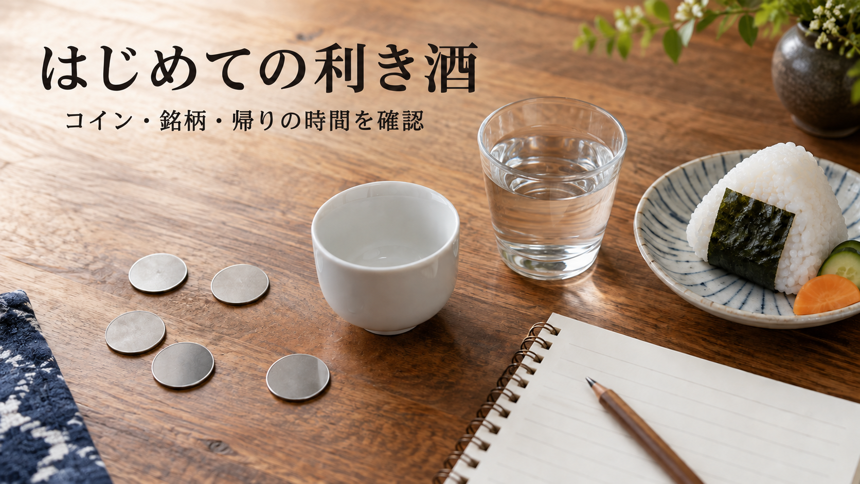 利き酒コイン5枚・おちょこ・メモを並べたイメージ画像