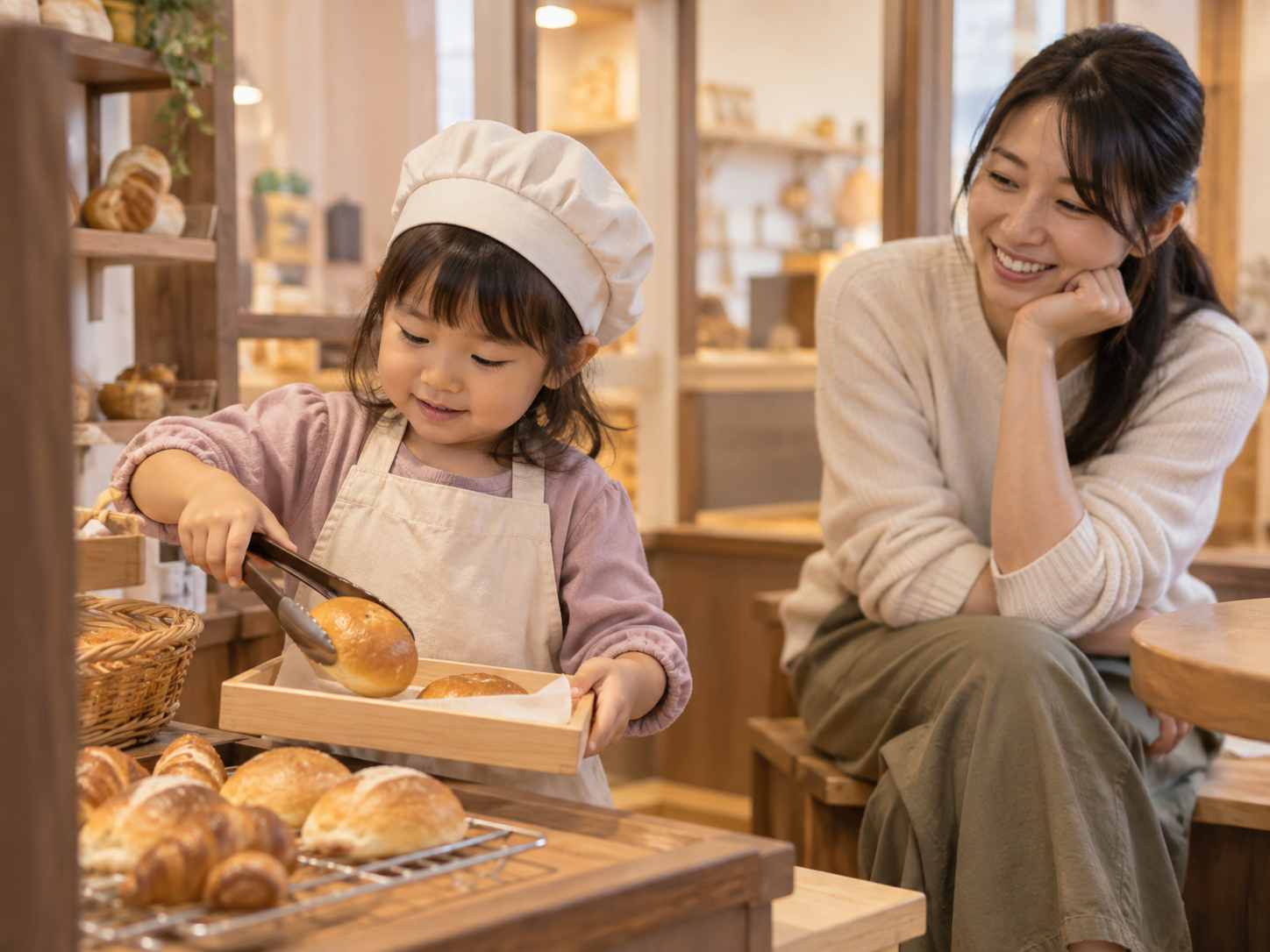 幼児がパン屋の仕事体験をし保護者が見守るイメージ