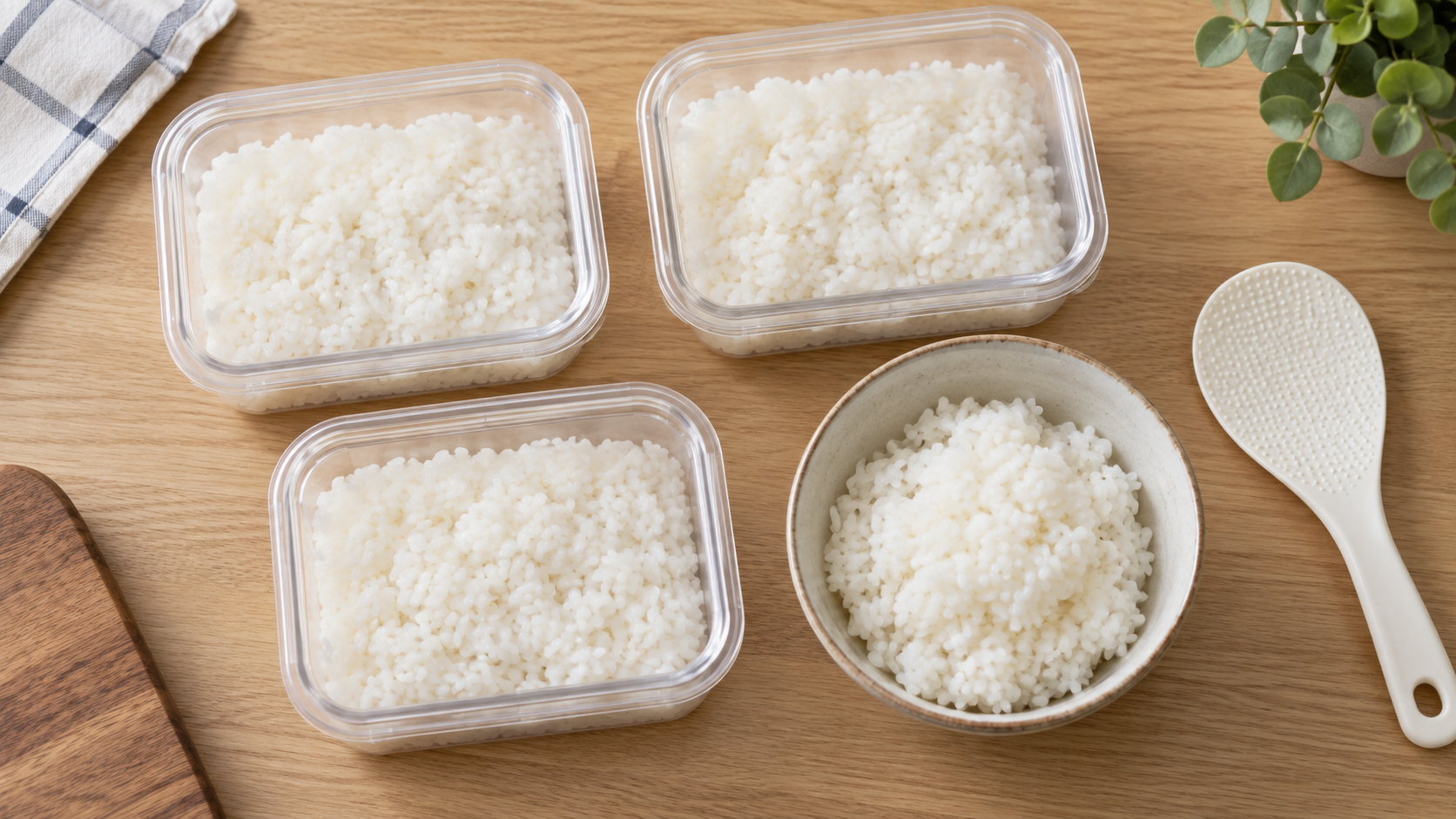 炊いたご飯を小分けの保存容器に入れたイメージ
