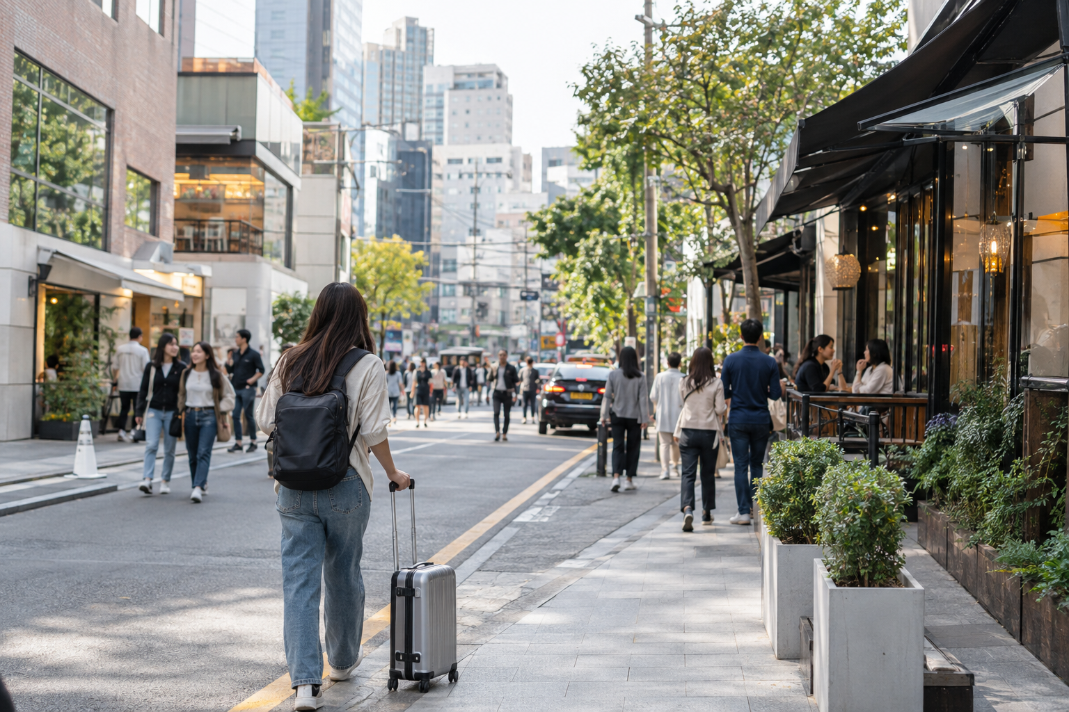 荷物を持ってソウル市内へ向かう旅行者のイメージ