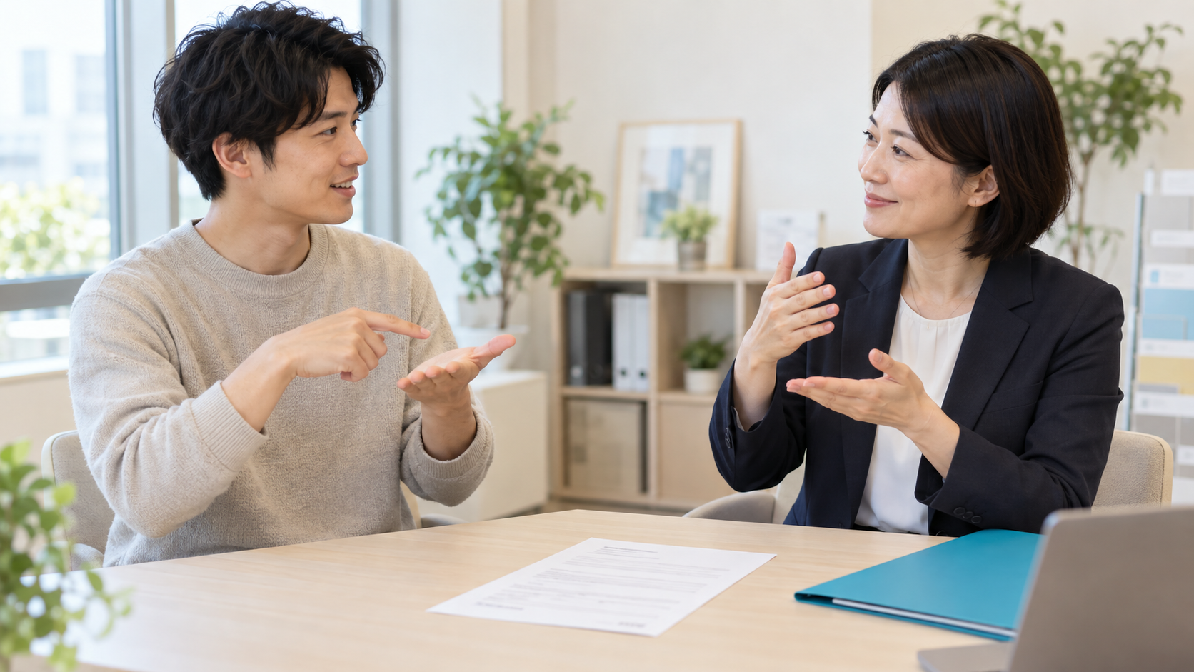 手話の学習歴と仕事への活かし方を相談する様子のイメージ