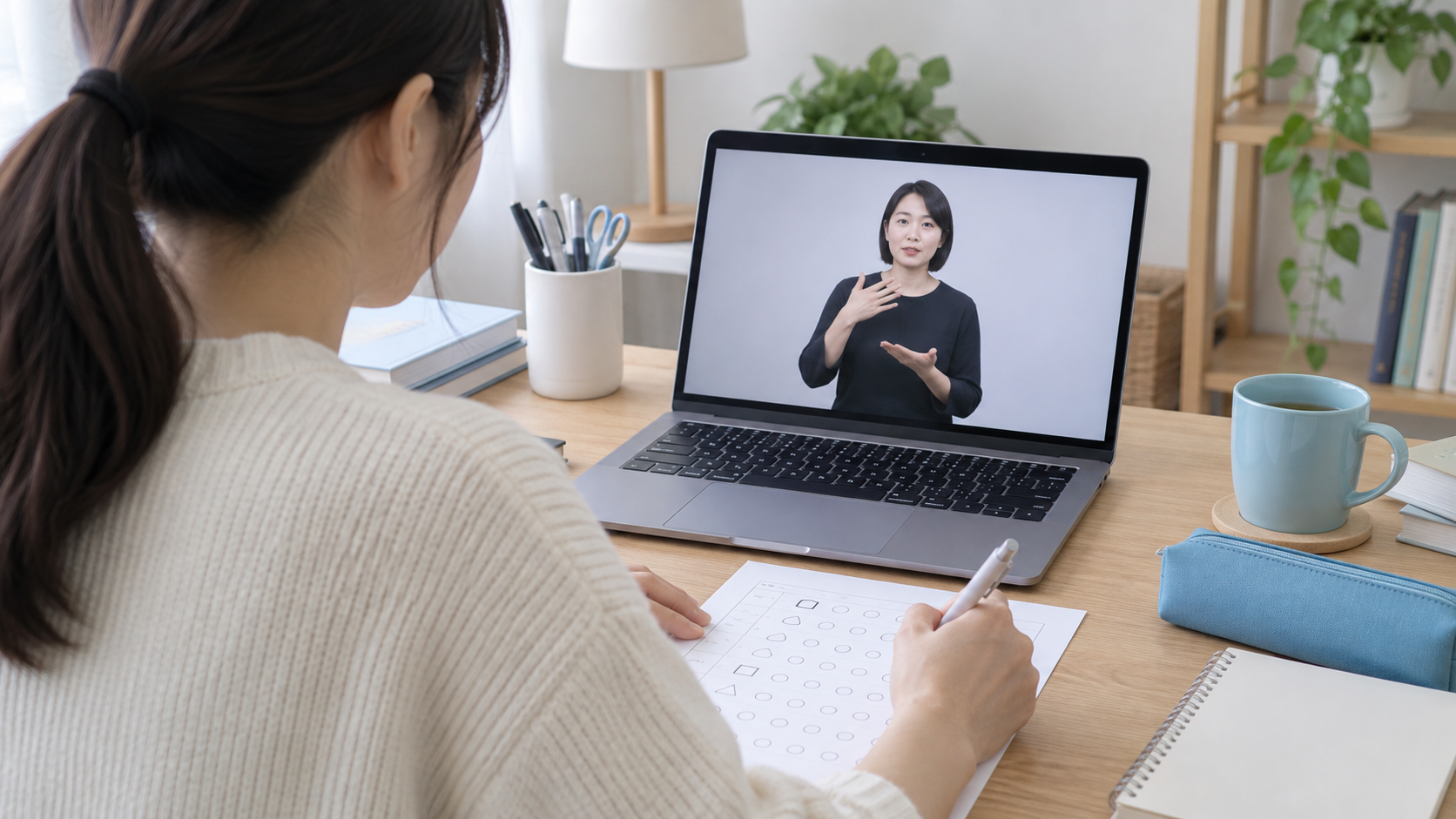 パソコンの映像を見ながら手話の読み取りを学ぶ様子のイメージ