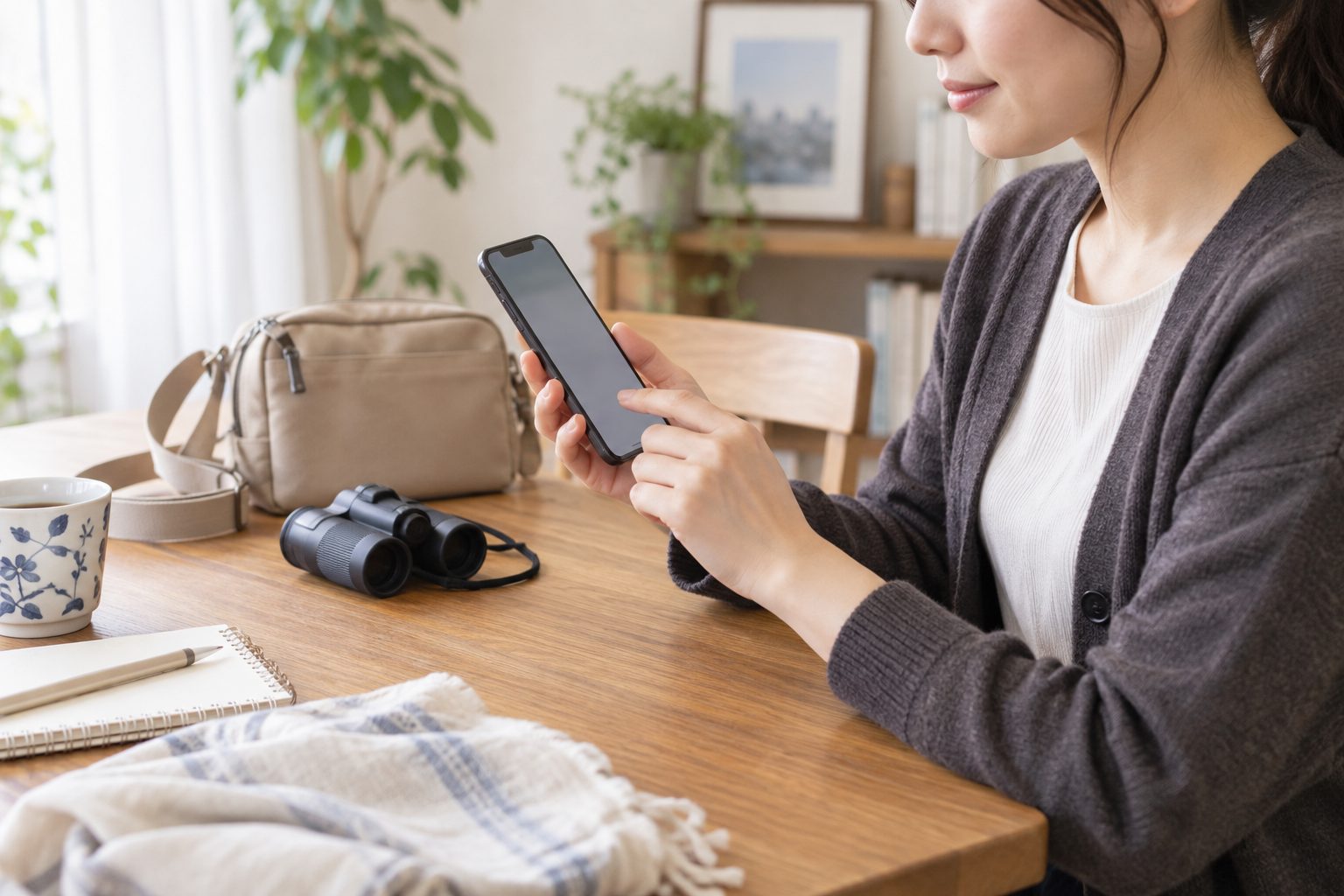 出発前にスマートフォンでチケットを確認する観覧準備のイメージ