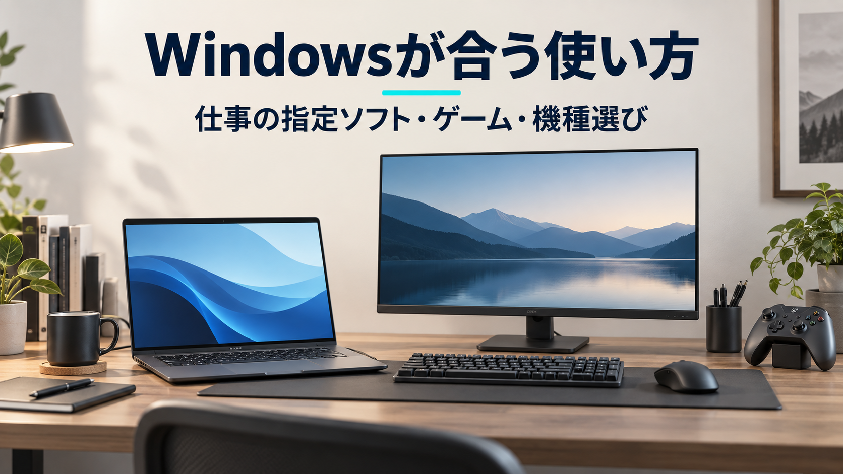 ノートパソコンとモニター、ゲーム用コントローラーを表現したAIイメージ