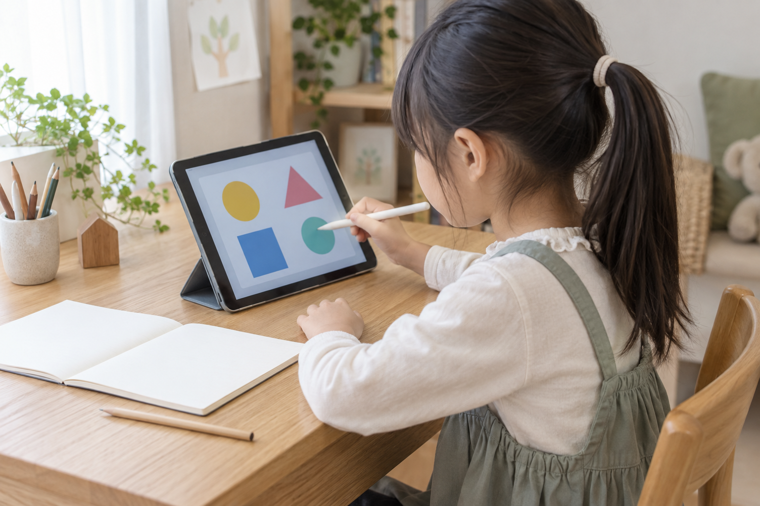 タブレットとノートを使って問題を考える小学生のイメージ