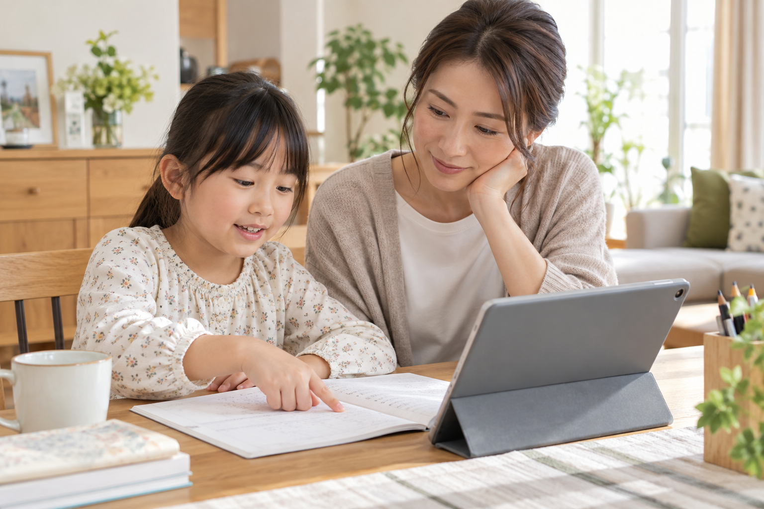 保護者と子どもが一緒に学習内容を確認するイメージ