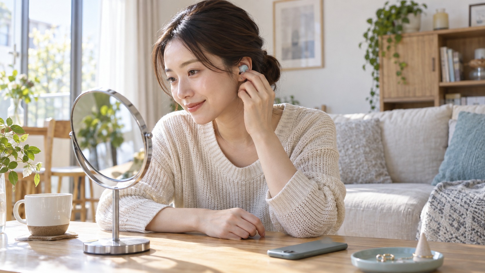耳へのフィットを鏡で確認する女性の実写風イメージ