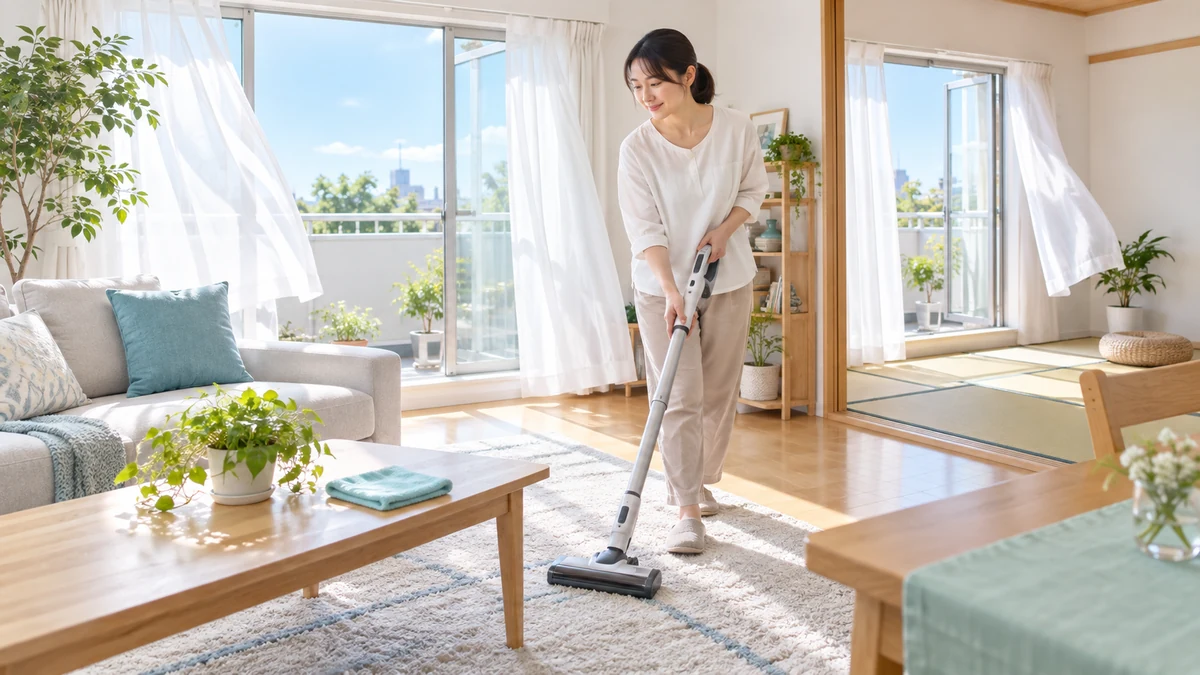 バルサン使用後に窓を開けて換気し掃除機をかける様子(AI生成)