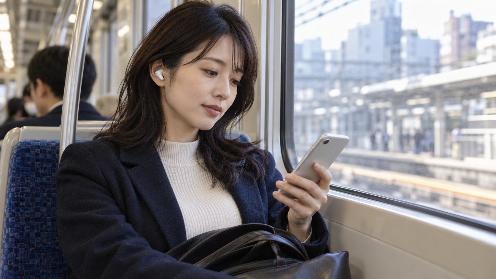電車内でイヤホンを使いスマートフォンを確認する通勤のイメージ