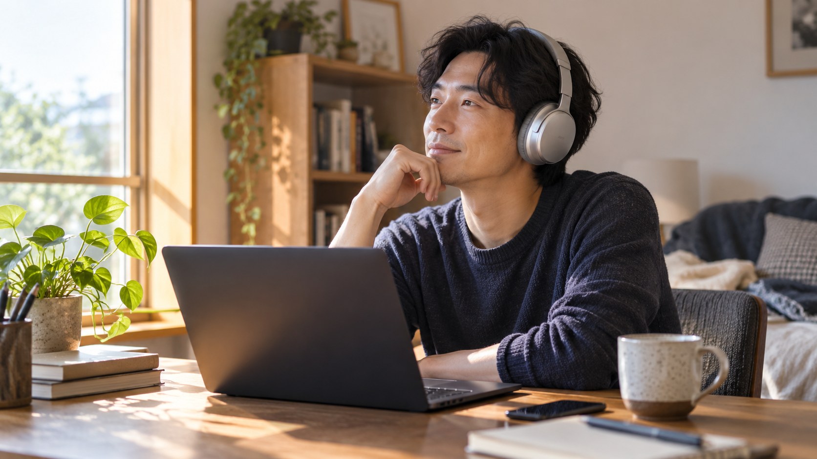自宅の机で大型ヘッドホンを使うリスニングのイメージ