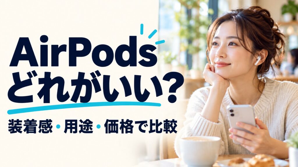 AirPodsはどれがいい？装着感・用途・価格で比較するタイトル入り実写風AI生成画像