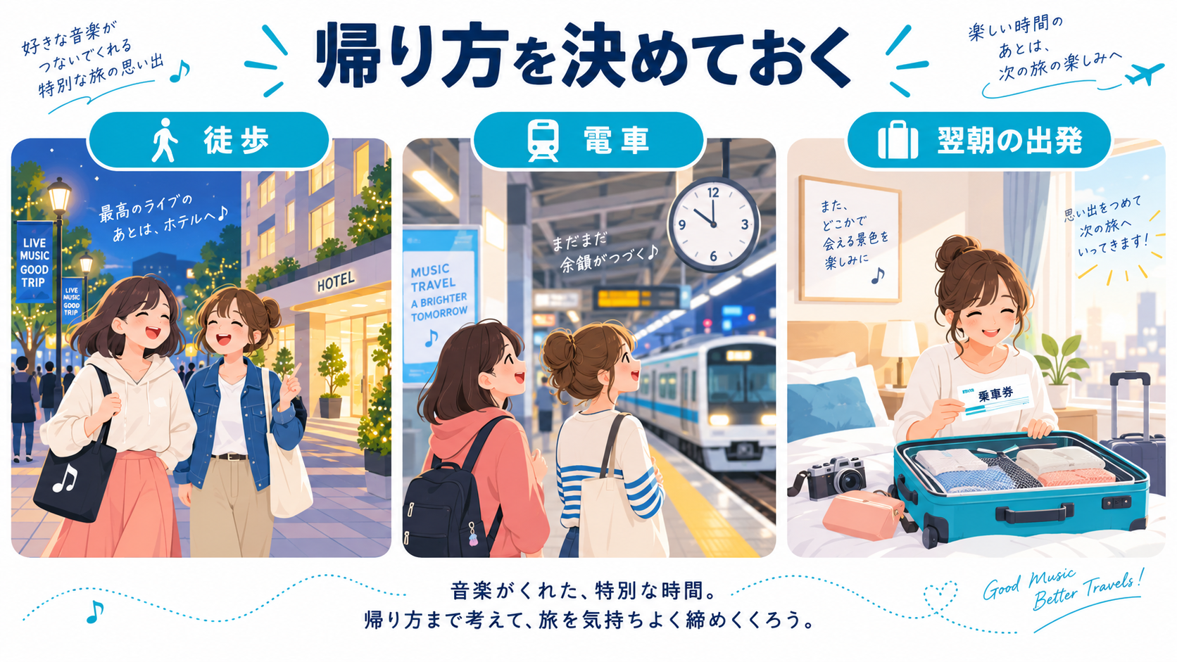 イベント後の徒歩・電車・翌朝の出発を考える旅行者のイメージ