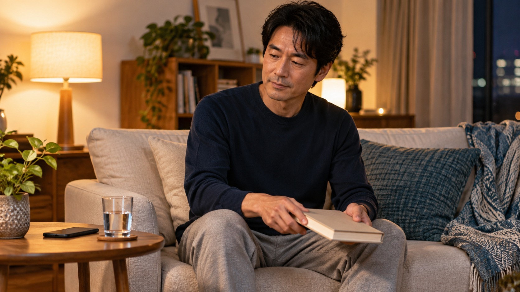 夜に読書を終えて休息の準備をする男性の実写風イメージ